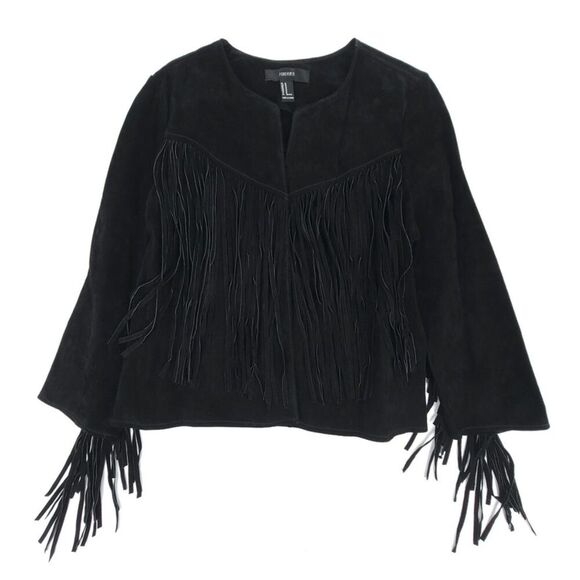 100% Leather Jacket Suede Cropped Western Boho Fringe Tassel Horse Girl Black - Picture 1 of 7